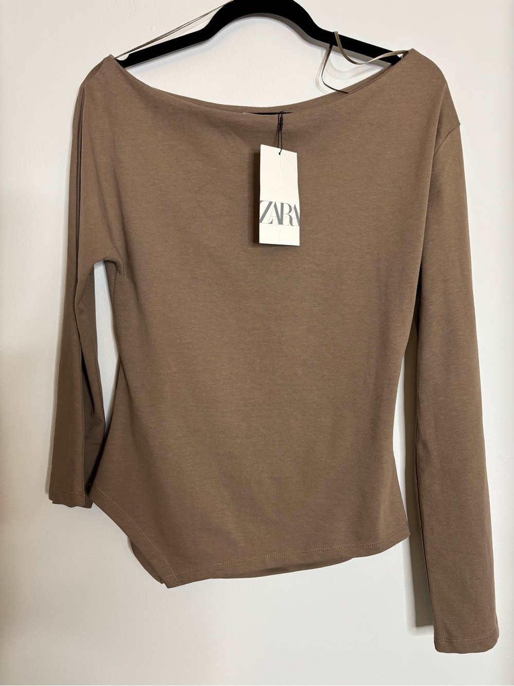 Zara Long Sleeve Boat Neck Top — Taupe Brown